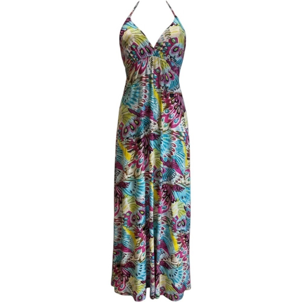 Multicolor Maxi Dress Halter Neck & Beaded Small Boho Hippie Sexy Stretch Y2K